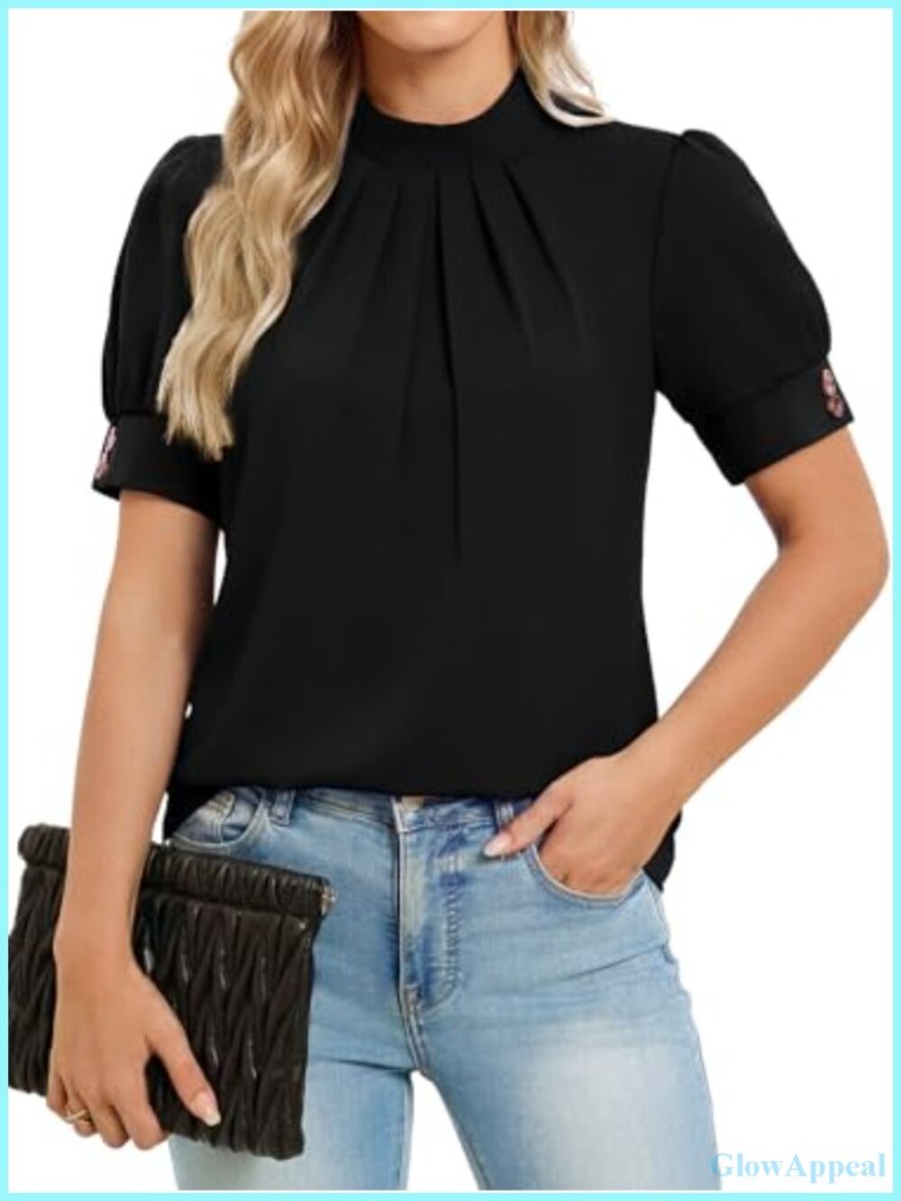Womens Short Puff Sleeve Mock Neck Pleated Blouse Business Work Top